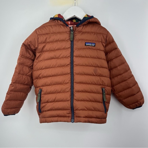 Patagonia 4-5T Reversible Down Sweater 0626 Jacket Hood toddler print brown - Picture 1 of 16